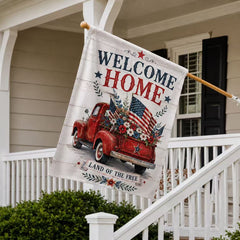 Welcome Home Land of the Free Patriotic Red Truck Flag