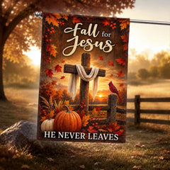 Fall For Jesus He Never Leaves Autumn Maple Leaf Cross Christian US Flag