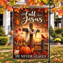 Fall For Jesus He Never Leaves Autumn Maple Leaf Cross Christian US Flag