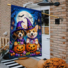 Halloween Cute Witch Dogs Pumpkin Candy Full Moon Garden Flag