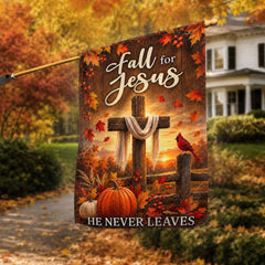 Fall For Jesus He Never Leaves Autumn Maple Leaf Cross Christian US Flag