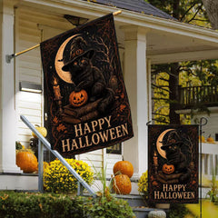 Happy Halloween Black Cat Witch Moonlight House Flag