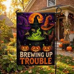 Brewing Up Trouble Witch Halloween Garden Flag