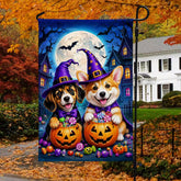 Halloween Cute Witch Dogs Pumpkin Candy Full Moon Garden Flag