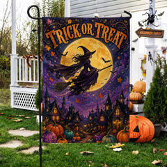 Halloween Trick or Treat Flying Witch Full Moon Garden Flag