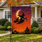Halloween Witch and Black Cat Moonlight Garden Flag