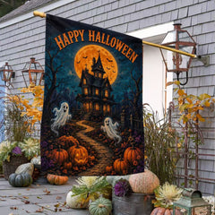 Happy Halloween Ghosts Haunted House Pumpkin Full Moon Garden Flag