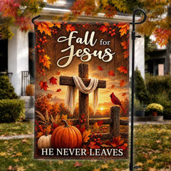 Fall For Jesus He Never Leaves Autumn Maple Leaf Cross Christian US Flag