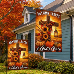Fall Thanksgiving Christian Cross Flag Autumn Leaves & God’s Grace Pumpkins Harvest Flag
