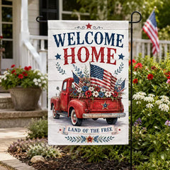 Welcome Home Land of the Free Patriotic Red Truck Flag