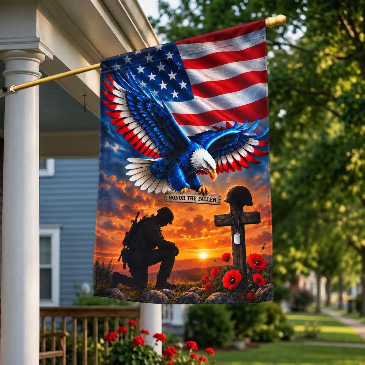 Veterans Day Flag. Veteran Kneeling Soldier Christian Cross We The People Flag
