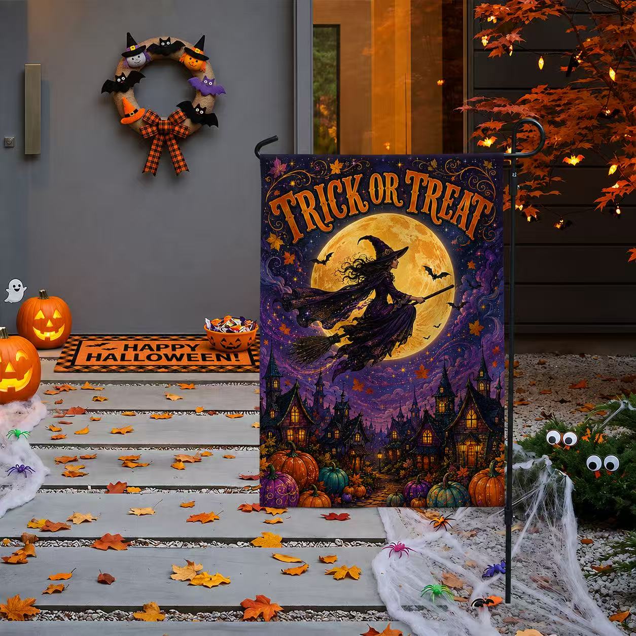 Halloween Trick or Treat Flying Witch Full Moon Garden Flag