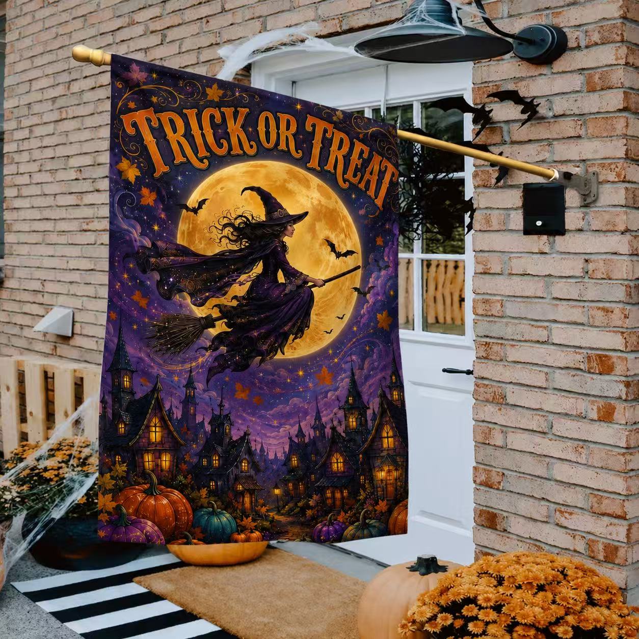 Halloween Trick or Treat Flying Witch Full Moon Garden Flag