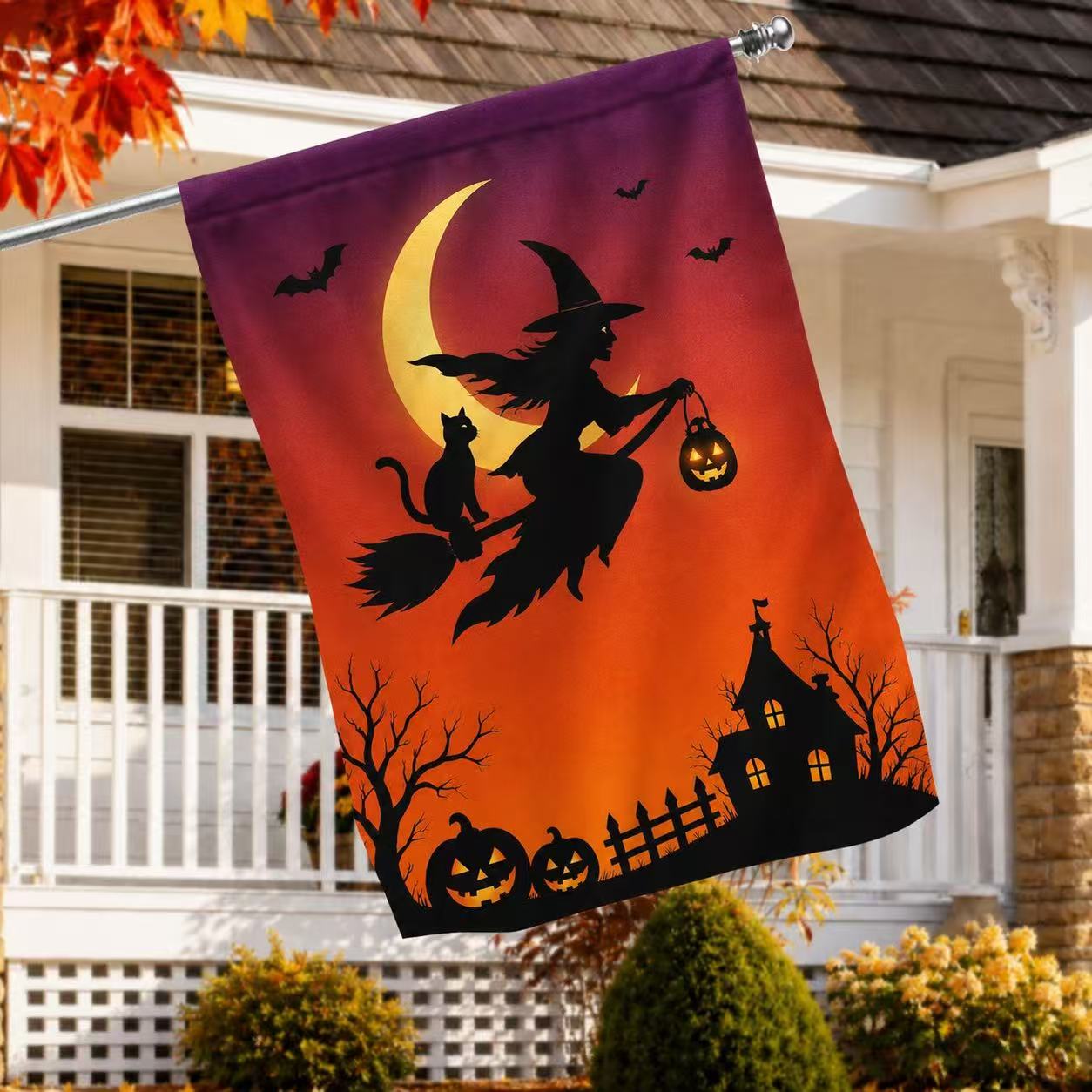 Halloween Witch and Black Cat Moonlight Garden Flag