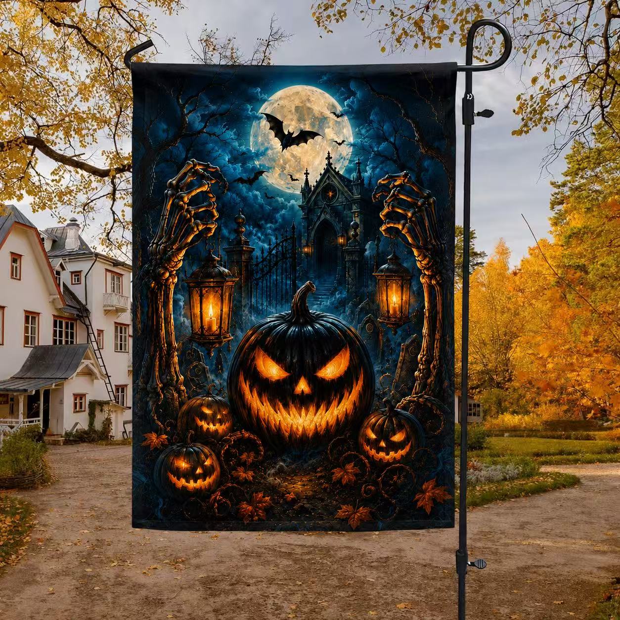Halloween Skeleton Hands Jack-o’-Lantern Haunted House Garden Flag
