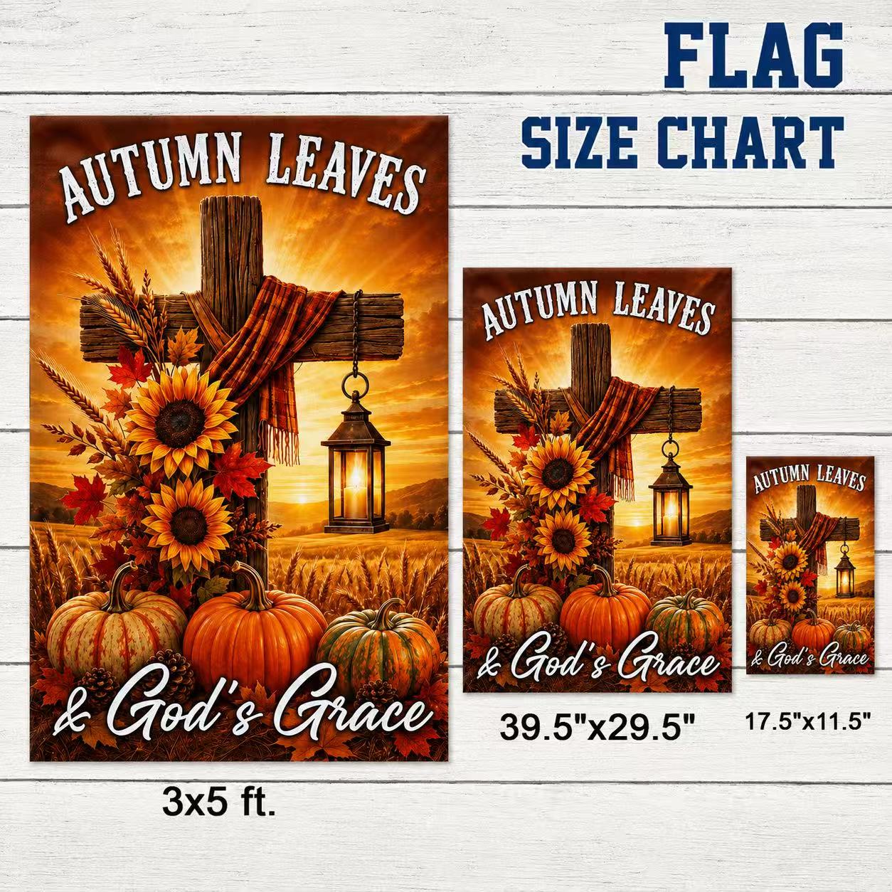 Fall Thanksgiving Christian Cross Flag Autumn Leaves & God’s Grace Pumpkins Harvest Flag