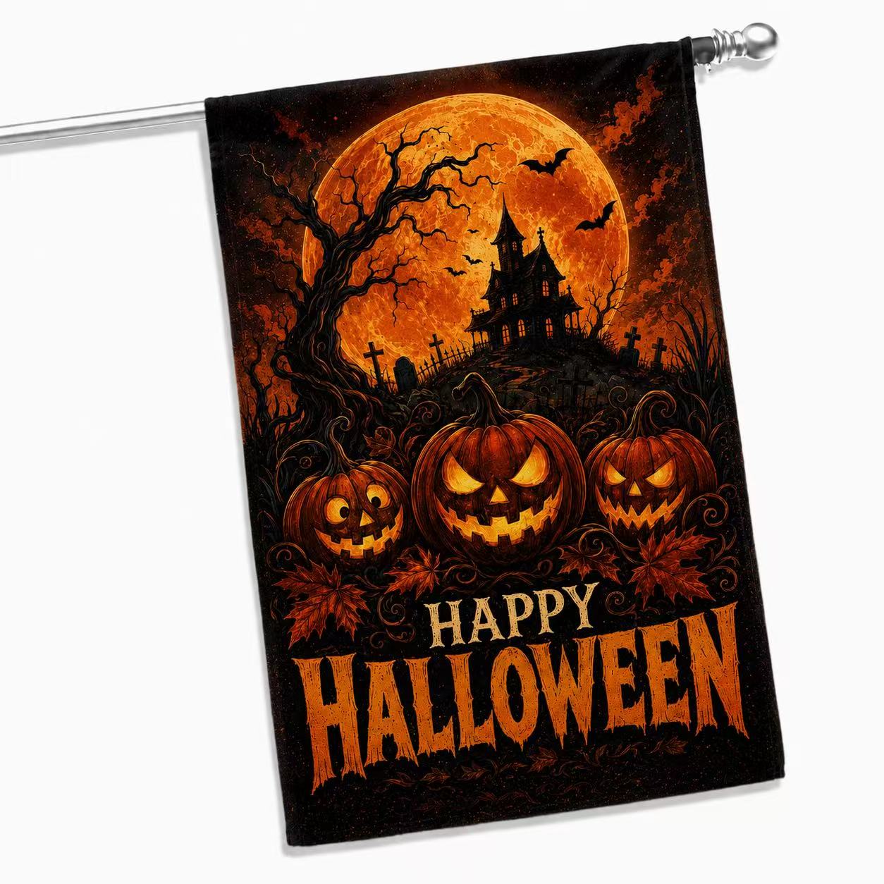 Happy Halloween Jack-o’-Lantern Haunted House Full Moon Garden Flag