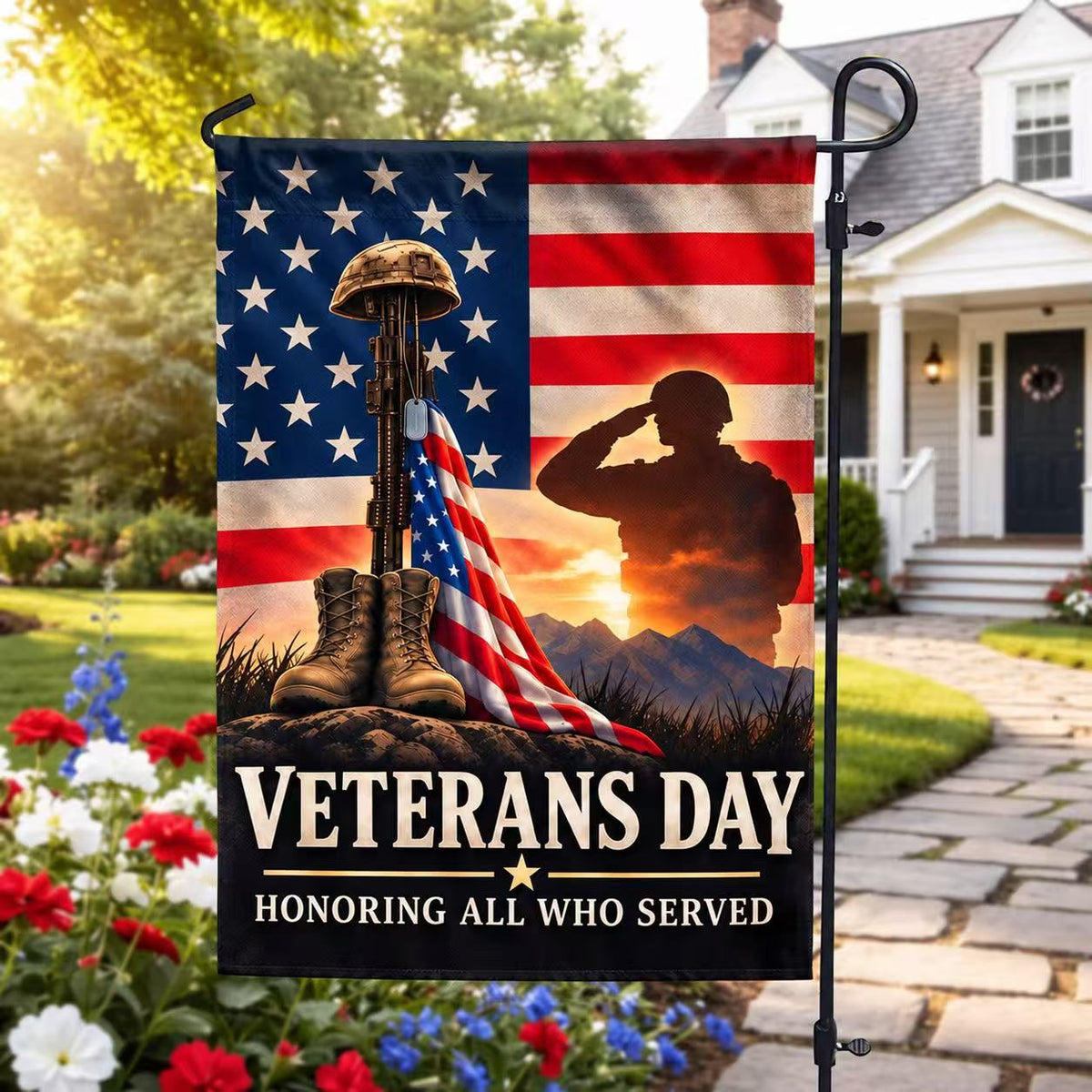 Veterans Day Honoring All Who Served Patriotic House Flag
