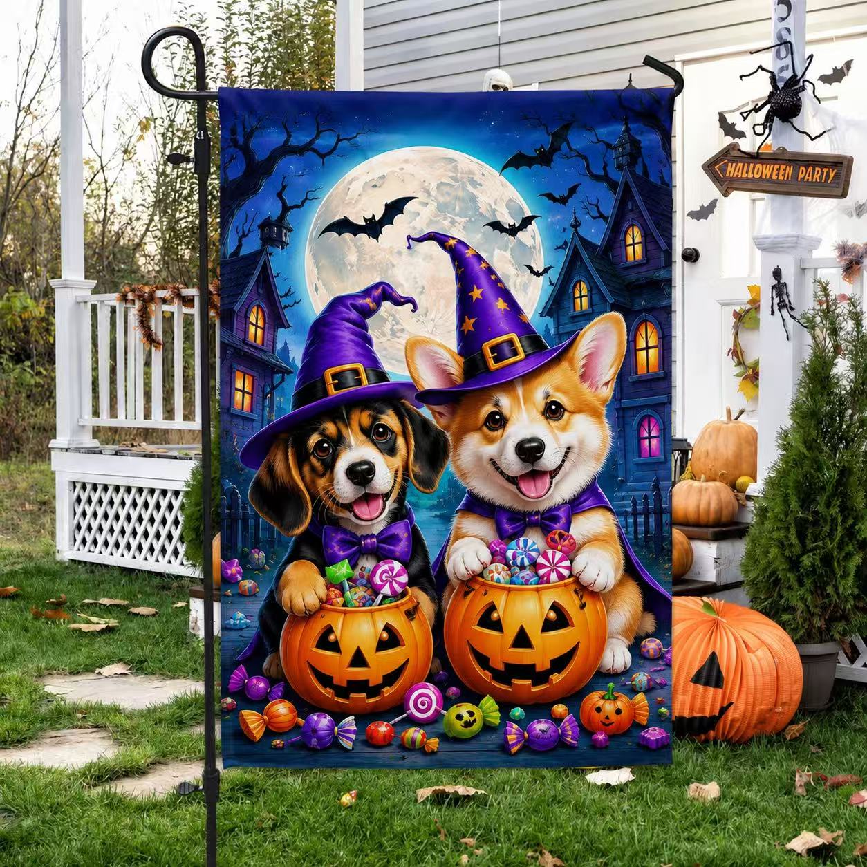 Halloween Cute Witch Dogs Pumpkin Candy Full Moon Garden Flag