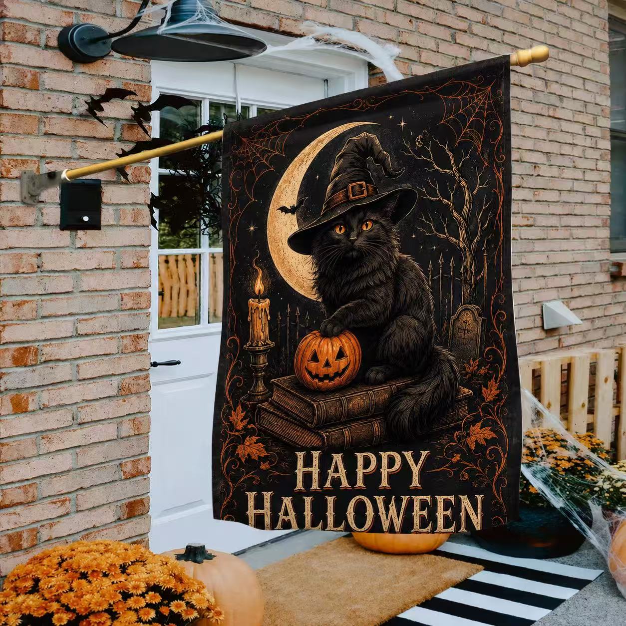 Happy Halloween Black Cat Witch Moonlight House Flag
