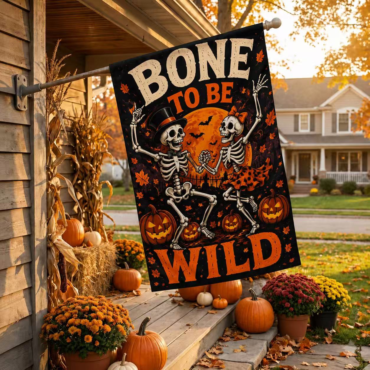 Bone to Be Wild Skeleton Couple Halloween Garden Flag