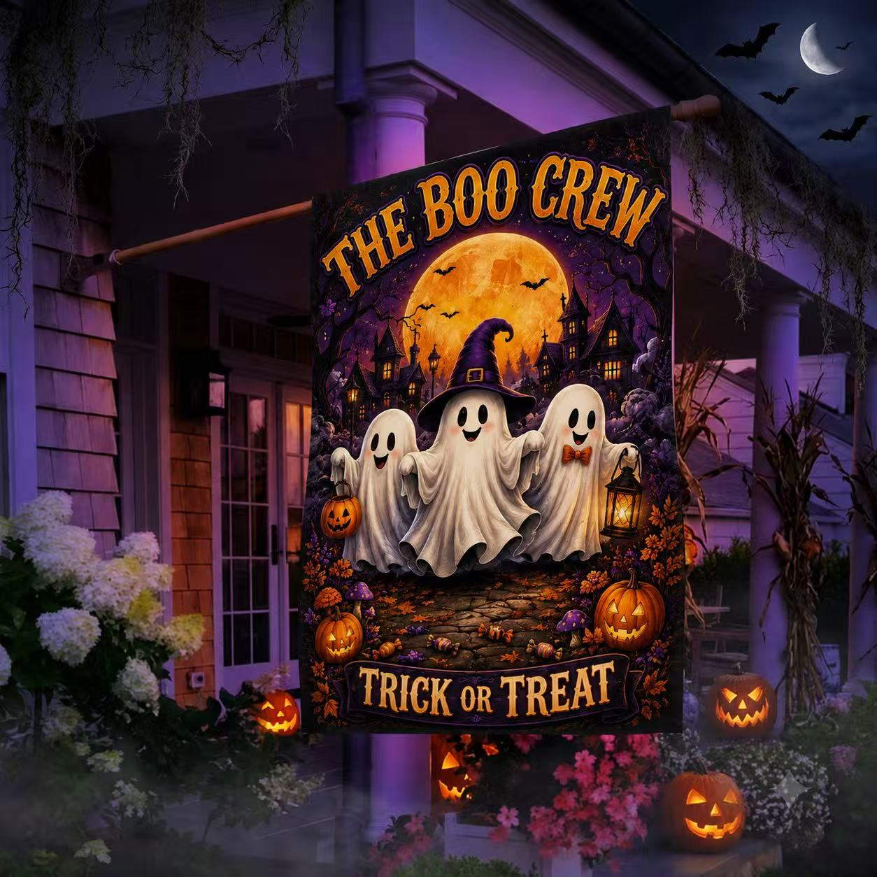 The Boo Crew Cute Ghosts Trick or Treat Halloween Garden Flag