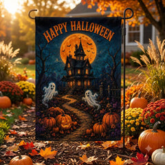 Happy Halloween Ghosts Haunted House Pumpkin Full Moon Garden Flag