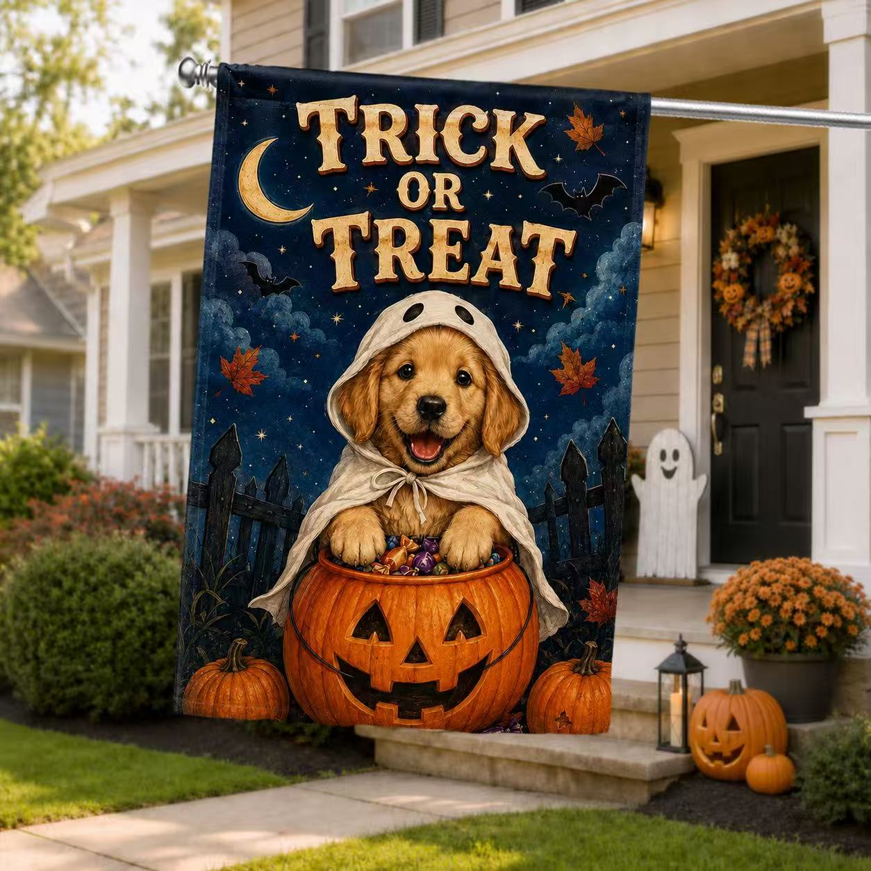 Cute Golden Retriever Trick or Treat Halloween Garden Flag