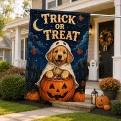 Cute Golden Retriever Trick or Treat Halloween Garden Flag