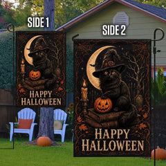 Happy Halloween Black Cat Witch Moonlight House Flag