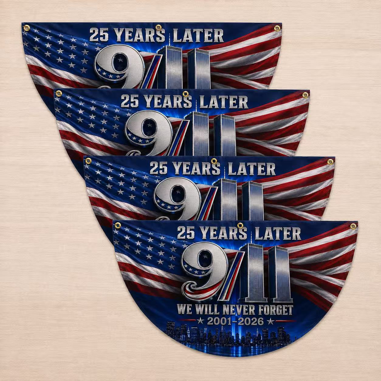 9/11 25 Years Later Never Forget Memorial Half Circle Fan Flag