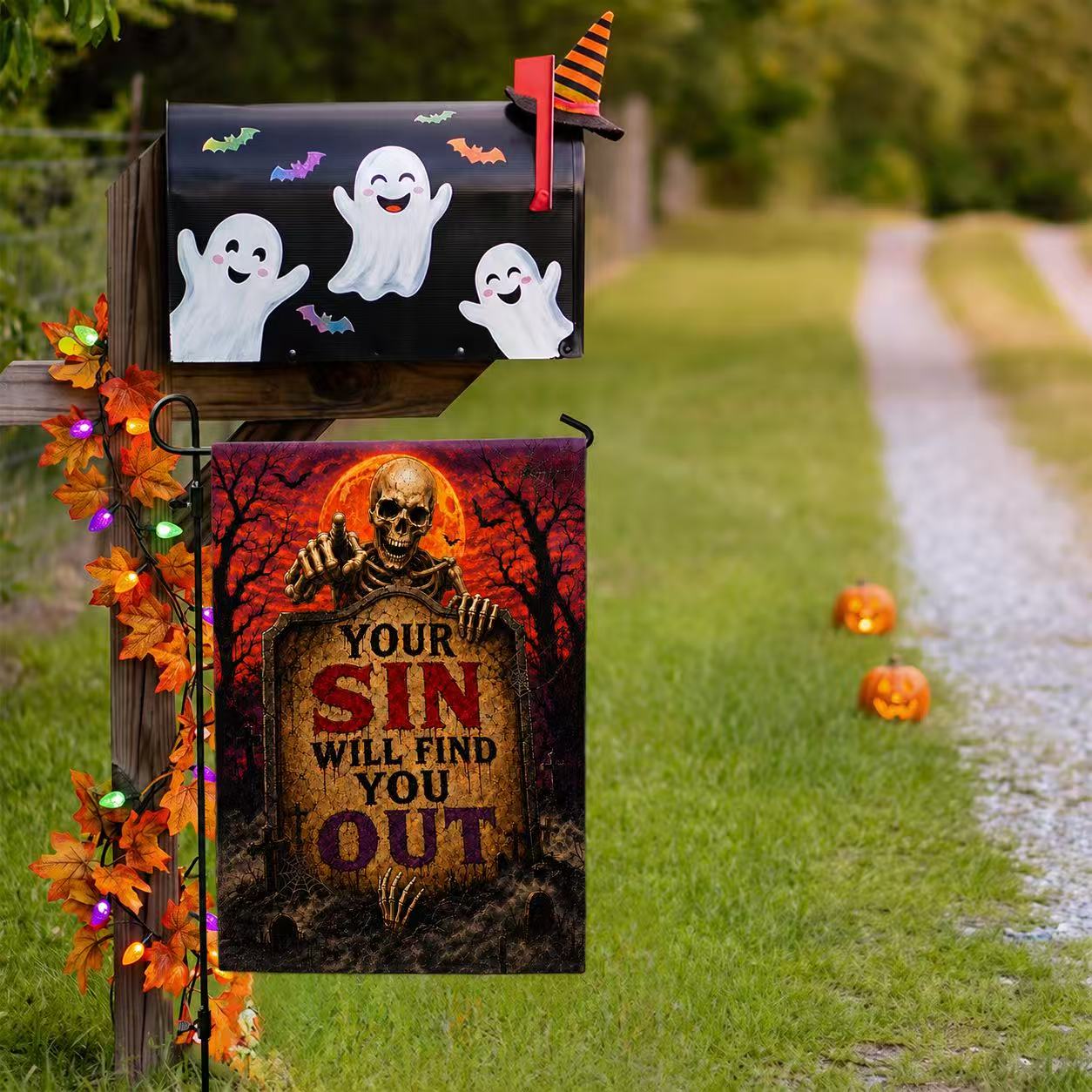 Your Sin Will Find You Out Spooky Skeleton Halloween Garden Flag