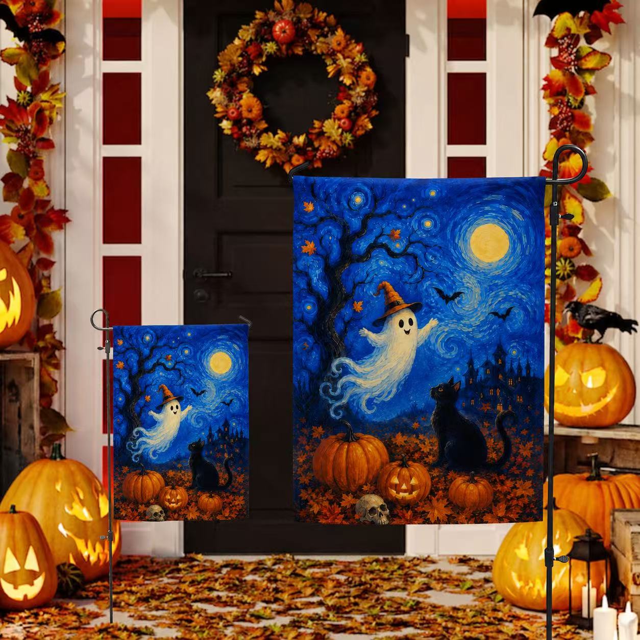 Halloween Starry Night Ghost Black Cat Pumpkin Garden Flag