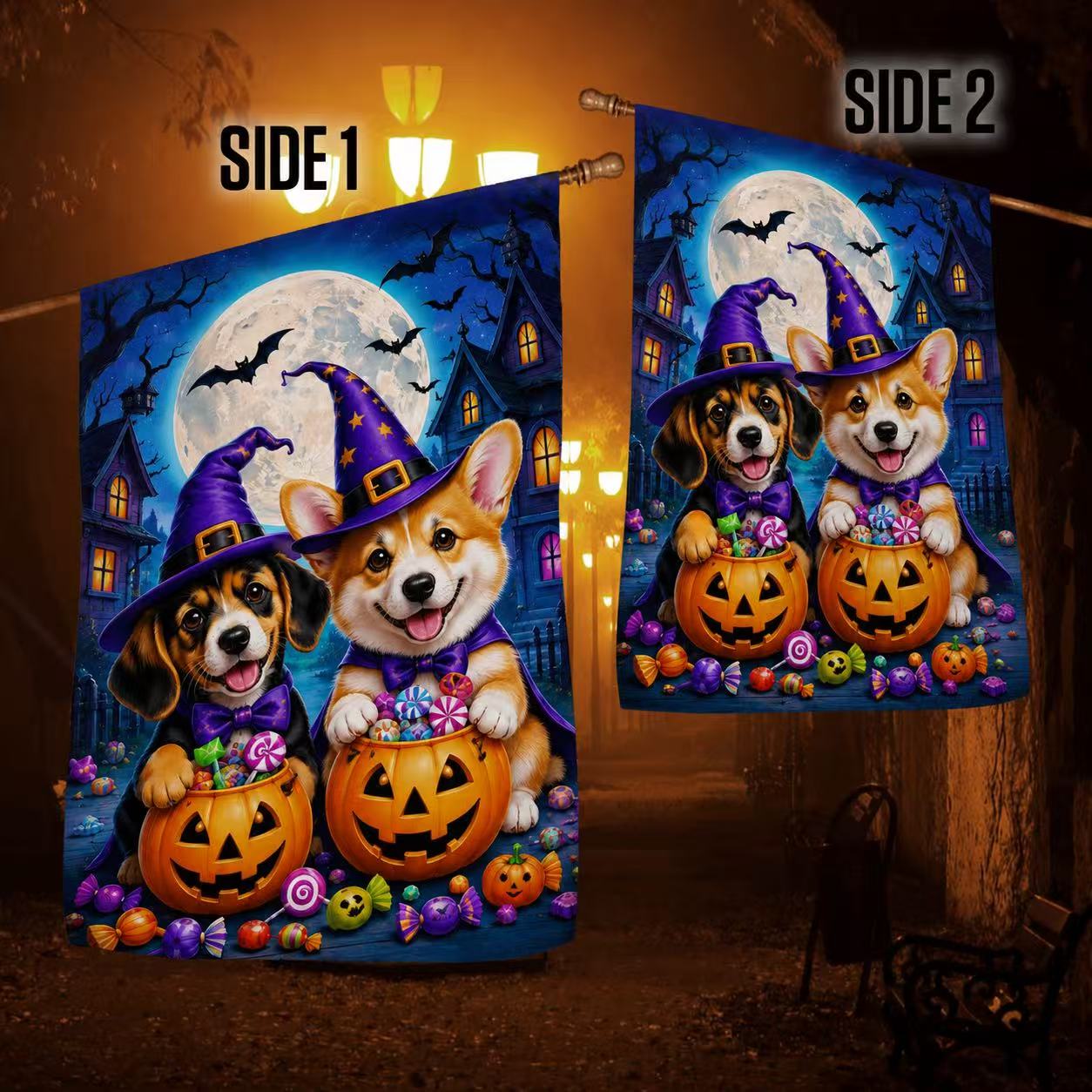 Halloween Cute Witch Dogs Pumpkin Candy Full Moon Garden Flag
