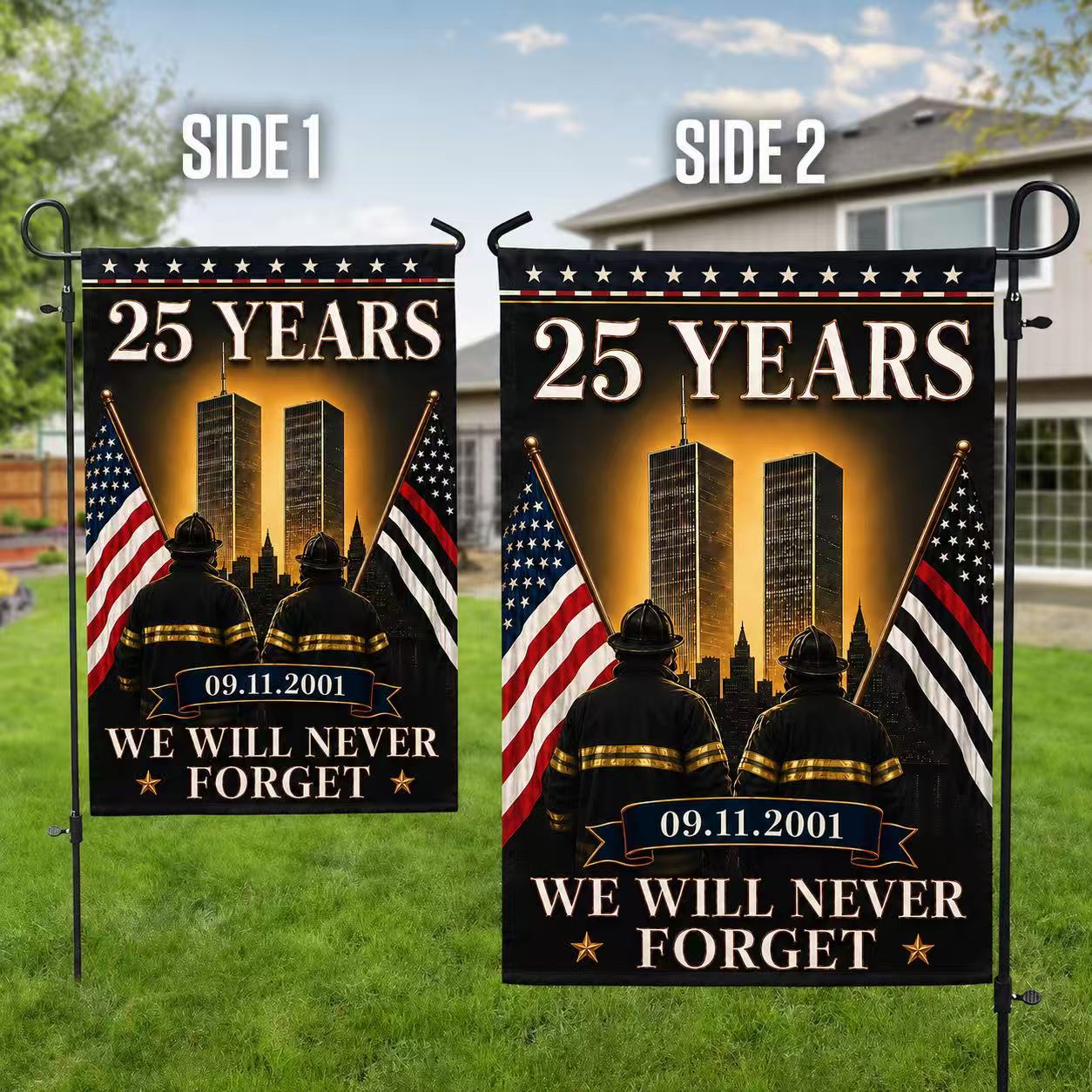 Patriot Day 25th Anniversary 9/11 Memorial Flag – We Will Never Forget Firefighter Tribute