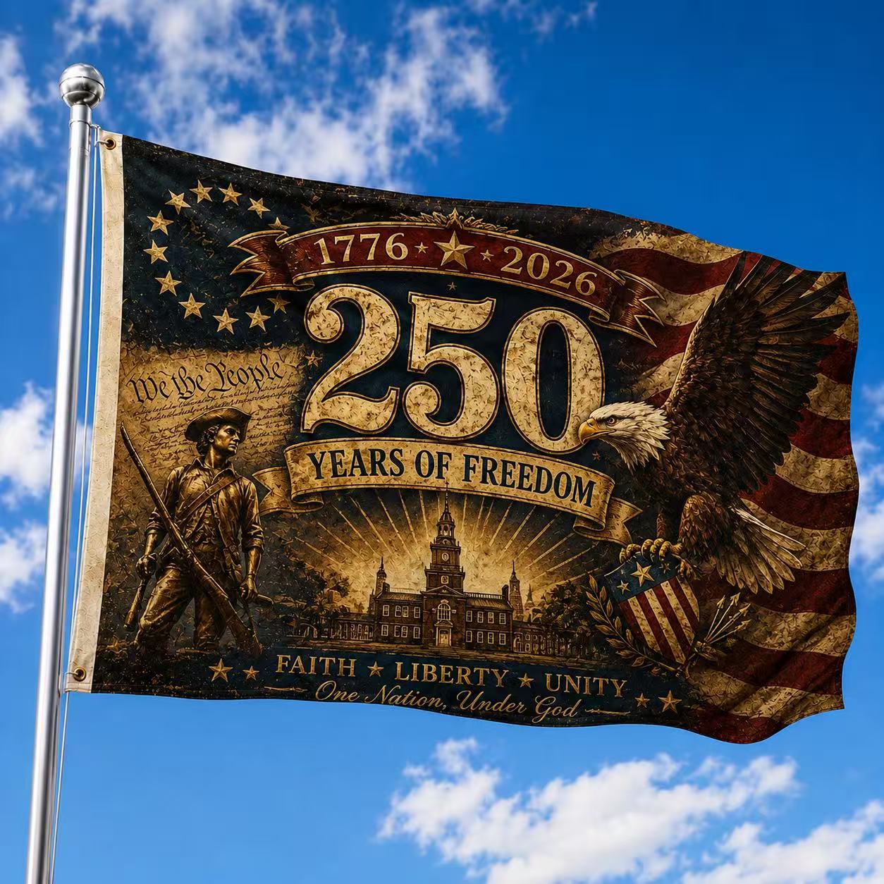 America 250 Years of Freedom Faith Liberty Unity Flag – 1776–2026 Patriotic Vintage USA Flag