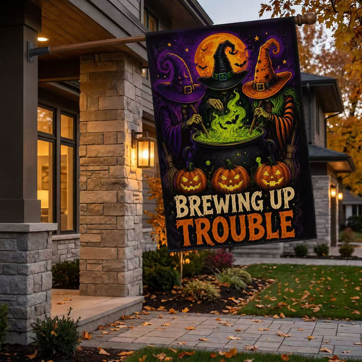 Brewing Up Trouble Witch Halloween Garden Flag