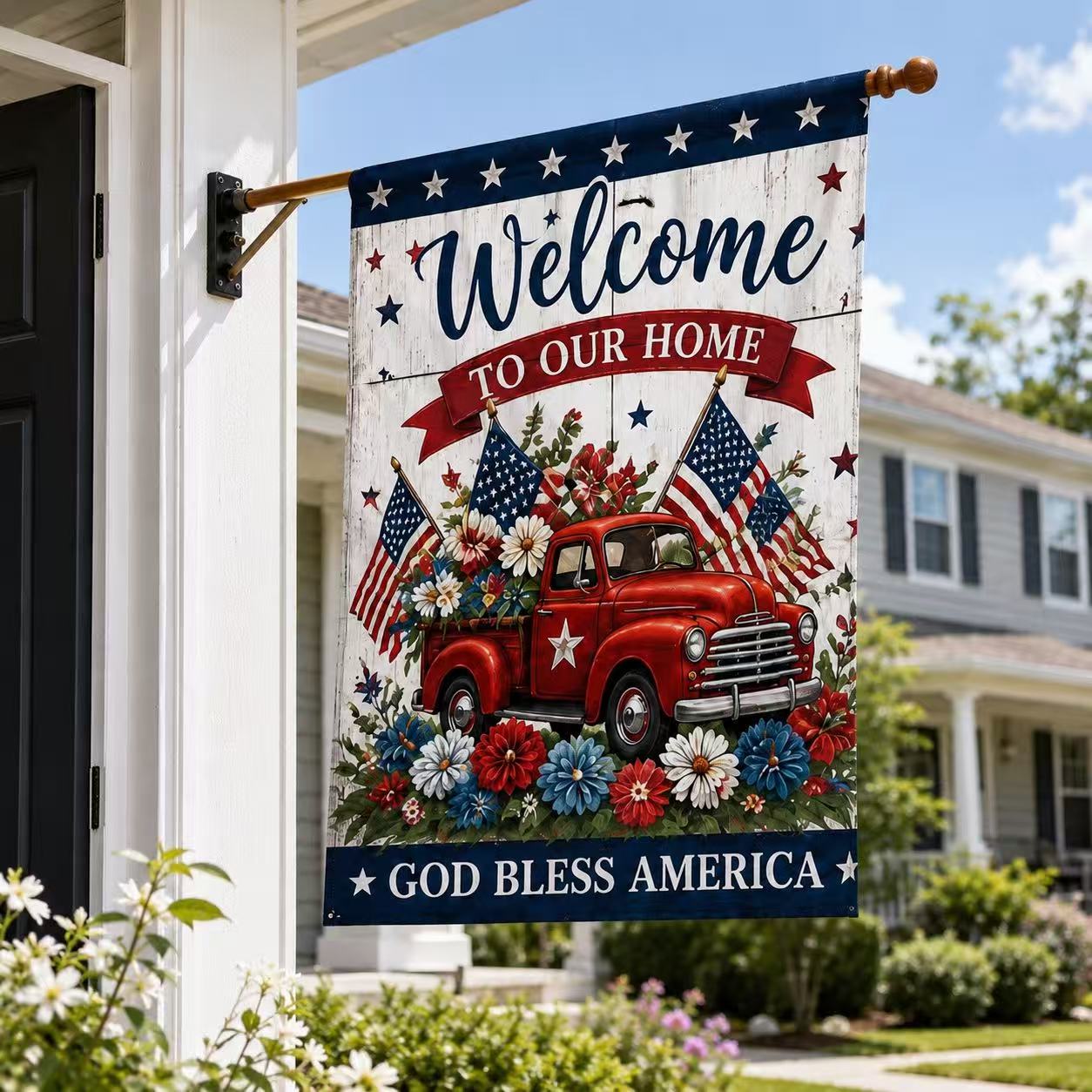 God Bless America Welcome Home Red Truck Flag
