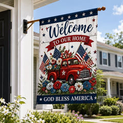 God Bless America Welcome Home Red Truck Flag