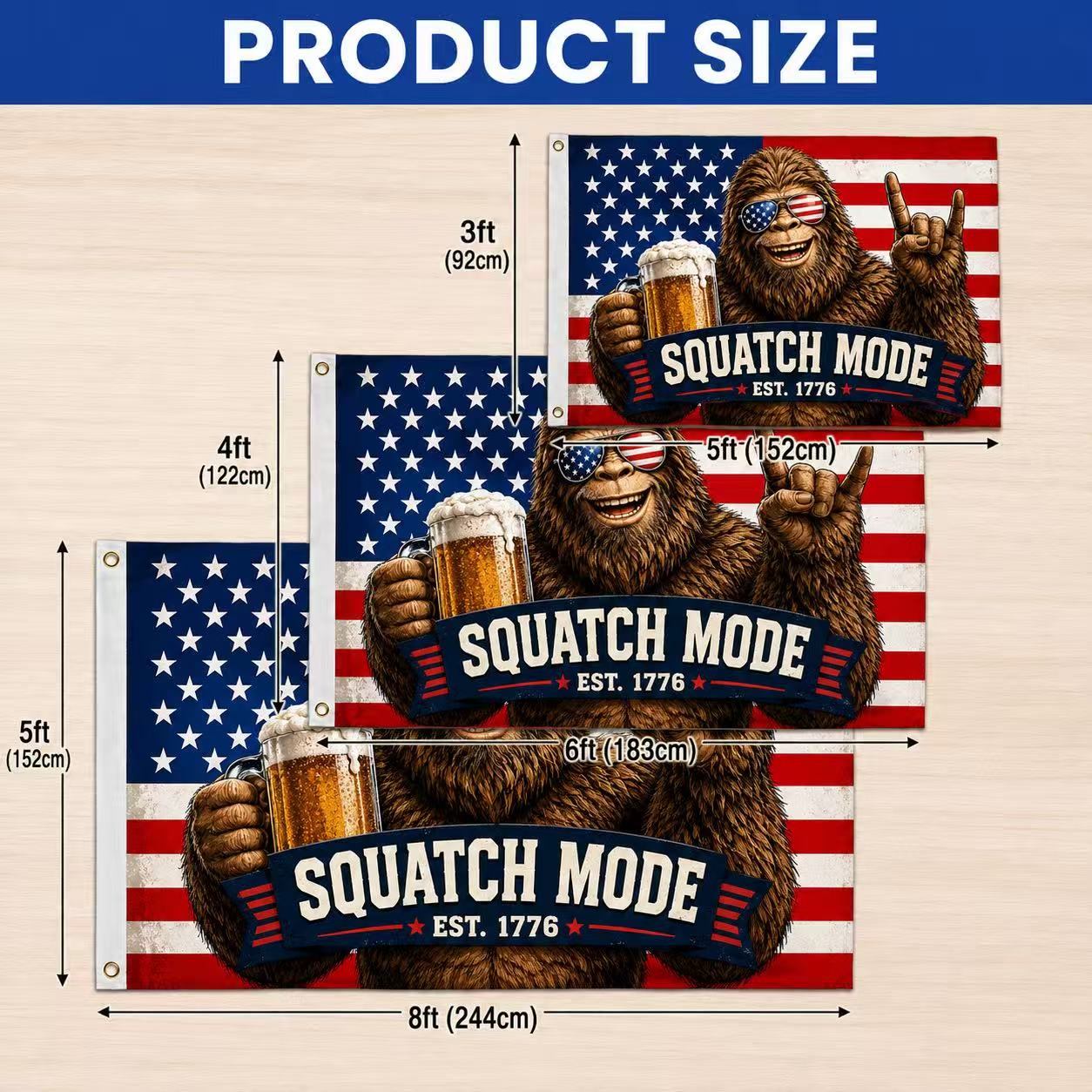 Patriotic Bigfoot “Squatch Mode” American Flag – Est. 1776