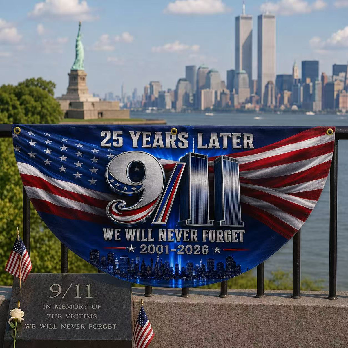 9/11 25 Years Later Never Forget Memorial Half Circle Fan Flag