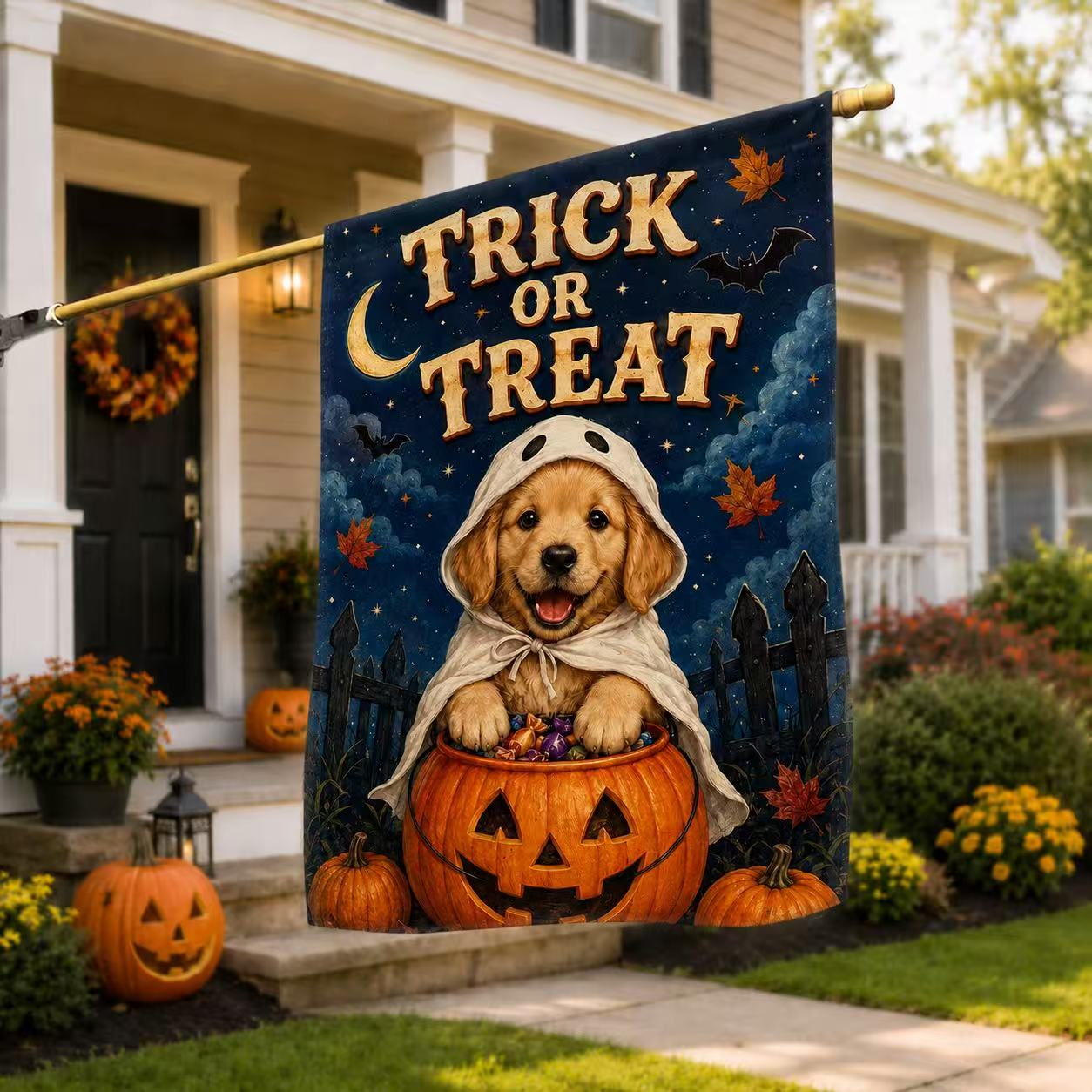 Cute Golden Retriever Trick or Treat Halloween Garden Flag