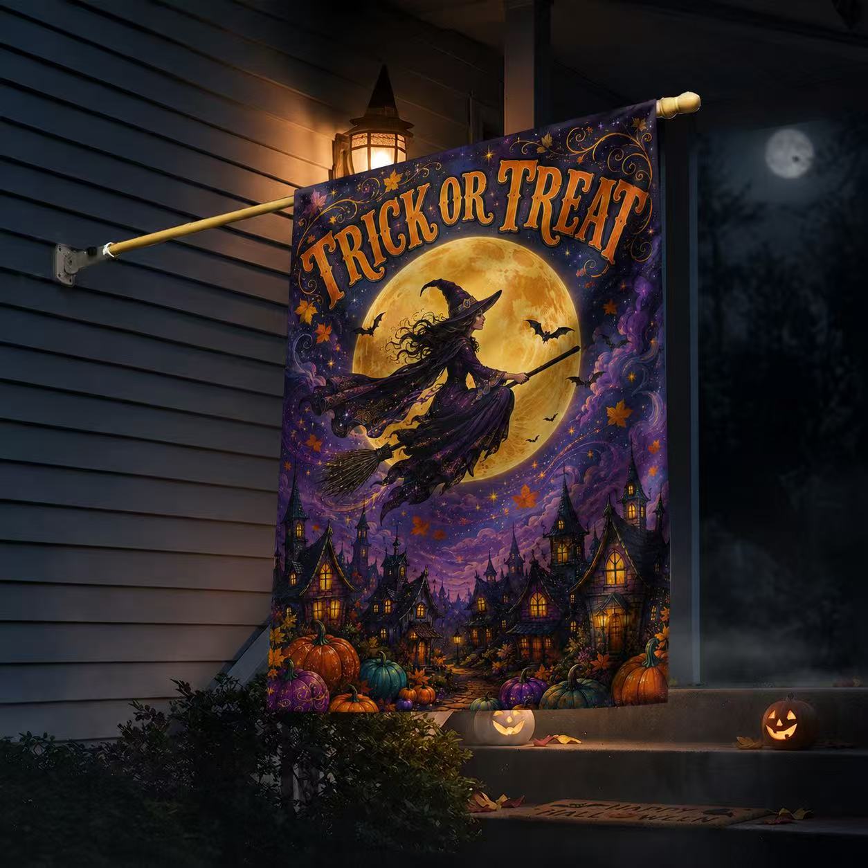 Halloween Trick or Treat Flying Witch Full Moon Garden Flag