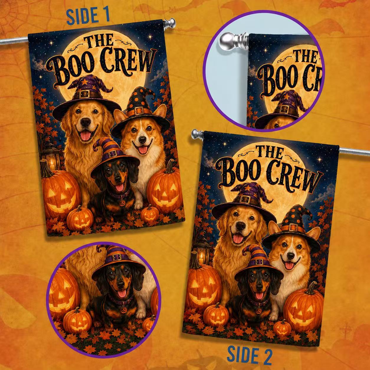 Halloween Boo Crew Witch Dogs Pumpkin Garden Flag