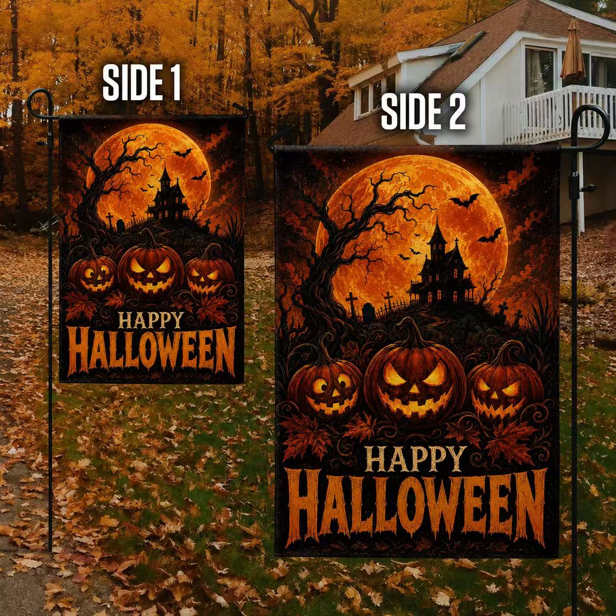 Happy Halloween Jack-o’-Lantern Haunted House Full Moon Garden Flag