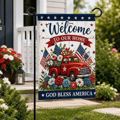 God Bless America Welcome Home Red Truck Flag