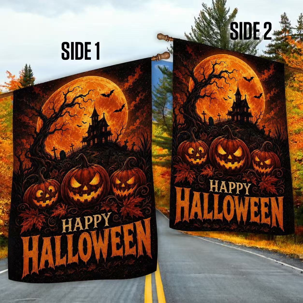 Happy Halloween Jack-o’-Lantern Haunted House Full Moon Garden Flag