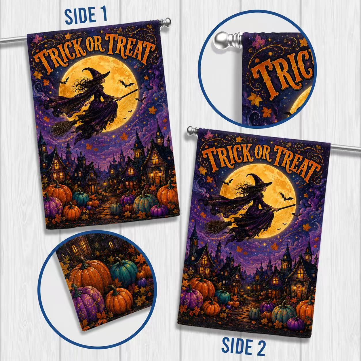 Halloween Trick or Treat Flying Witch Full Moon Garden Flag