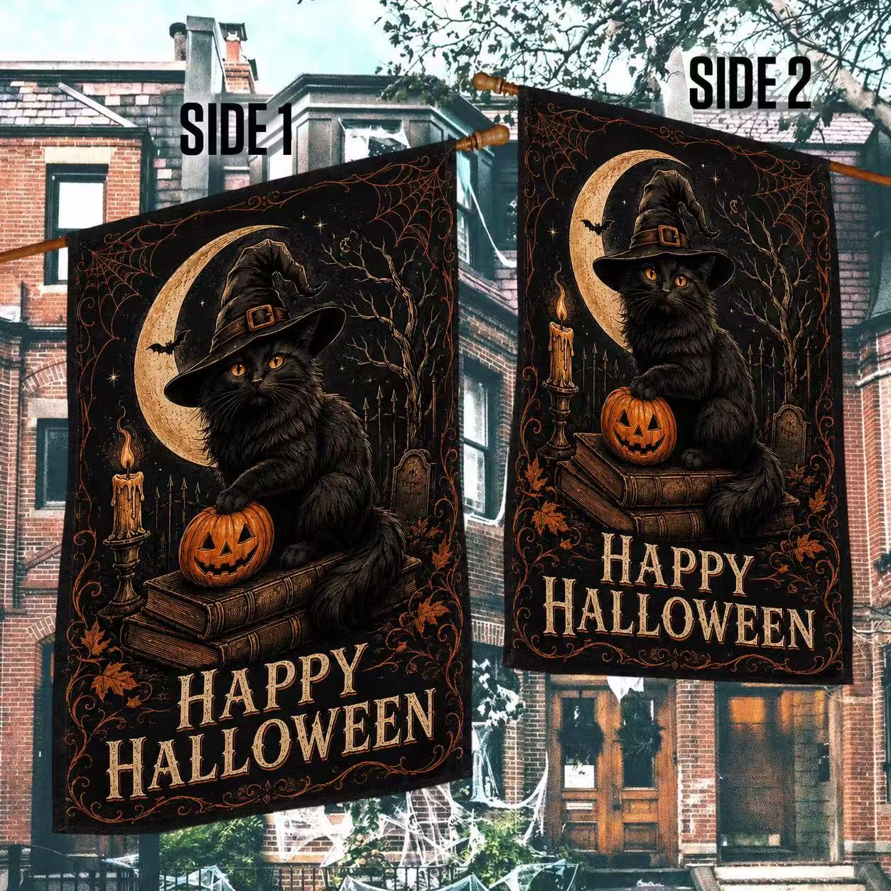 Happy Halloween Black Cat Witch Moonlight House Flag