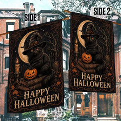 Happy Halloween Black Cat Witch Moonlight House Flag